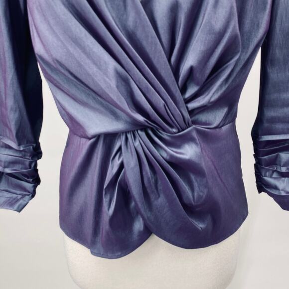 Tadashi Shoji Taffeta Twist Front Blouse Dramatic Wing Collar Slate Blue 14 - Picture 4 of 13
